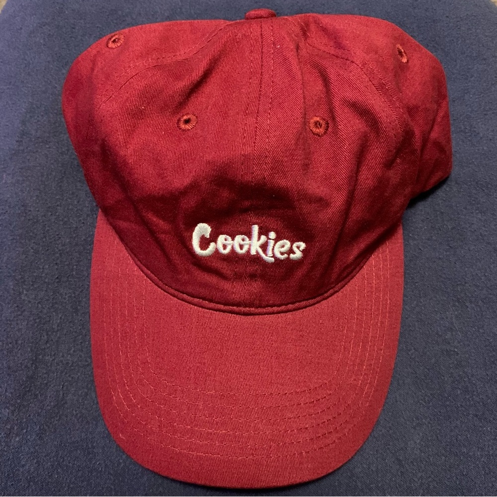 Burgundy Cookies embroidered adjustable ball cap.